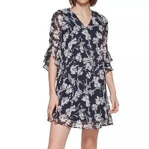 Calvin Klein Black and White Floral Mid Sleeve Dress